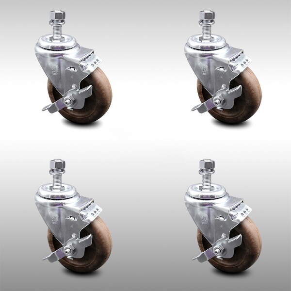Service Caster 4 Inch SS High Temp Glass Filled Nylon 10mm Threaded Stem Caster Set Brake SCC-SSTS20S414-GFNSHT-TLB-M1015-4 - main